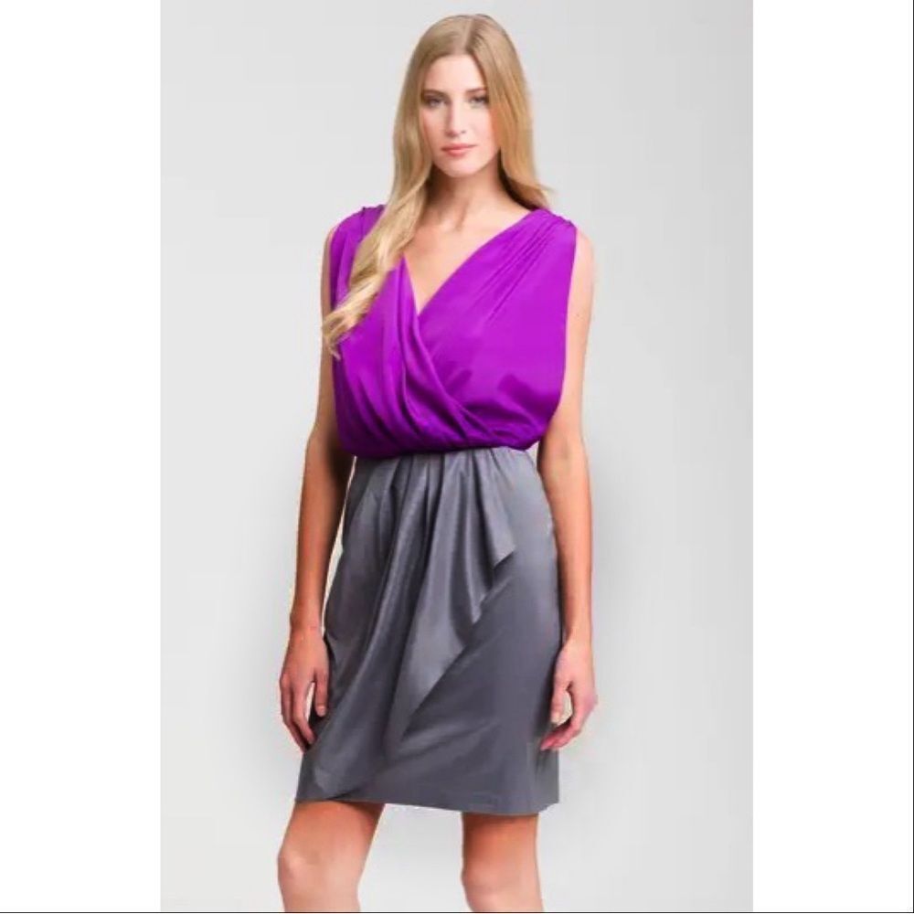 Suzi Chin for Maggy Boutique Colorblock Faux Wrap Blouson Dress Pink Grey 10